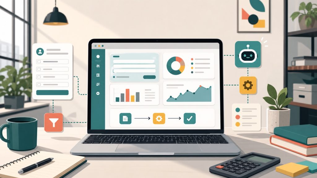 Illustration of a business laptop dashboard with app panels and workflow automation elements.