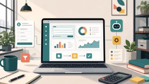 Illustration of a business laptop dashboard with app panels and workflow automation elements.
