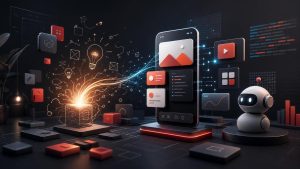 Abstract AI-assisted app development concept with glowing idea spark, app interface blocks, code, and a small robot assistant