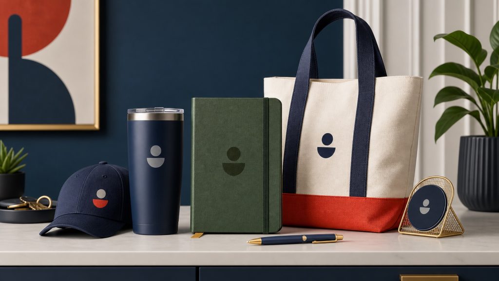 Illustration of useful promotional products arranged on a desk, including a tumbler, tote, notebook, cap, and pen.