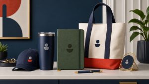 Illustration of useful promotional products arranged on a desk, including a tumbler, tote, notebook, cap, and pen.