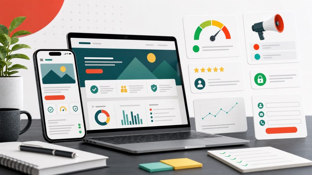 Illustration of a website audit dashboard with mobile view, checklist cards, analytics, and ad-readiness cues.