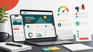 Illustration of a website audit dashboard with mobile view, checklist cards, analytics, and ad-readiness cues.